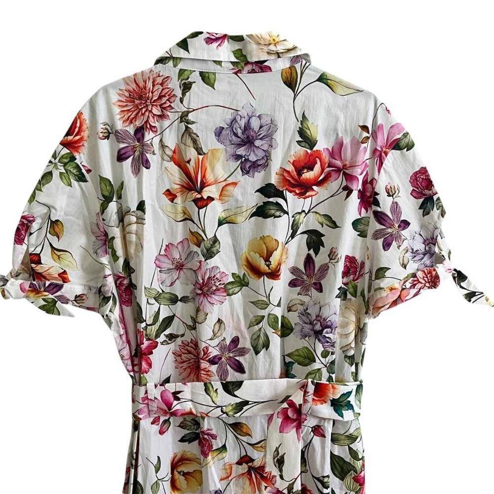ZARA Women's Midi Dress Size XL Cotton Poplin Print Tie Sleeves Belted Floral - Picture 6 of 12